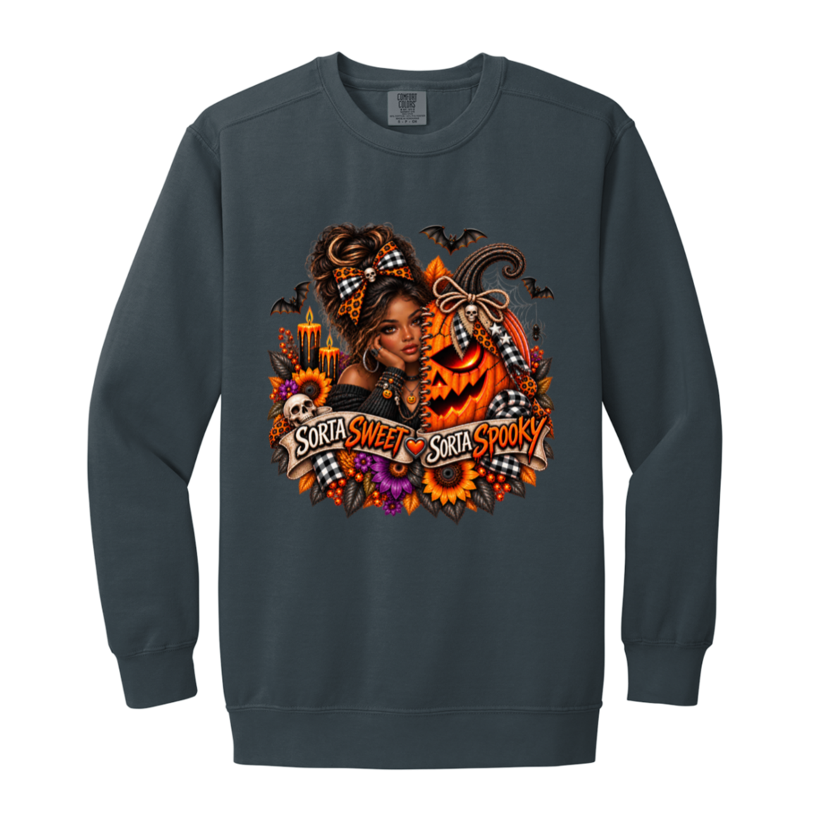 A Denim Sweatshirt featuring an African American woman in a glamorous Halloween scene surrounded by a decorated jack-o'-lantern, sunflowers, autumn flowers, candles, bats, skulls, and spiderwebs, with a decorative banner reading “Sorta Sweet Sorta Spooky” on a transparent background
