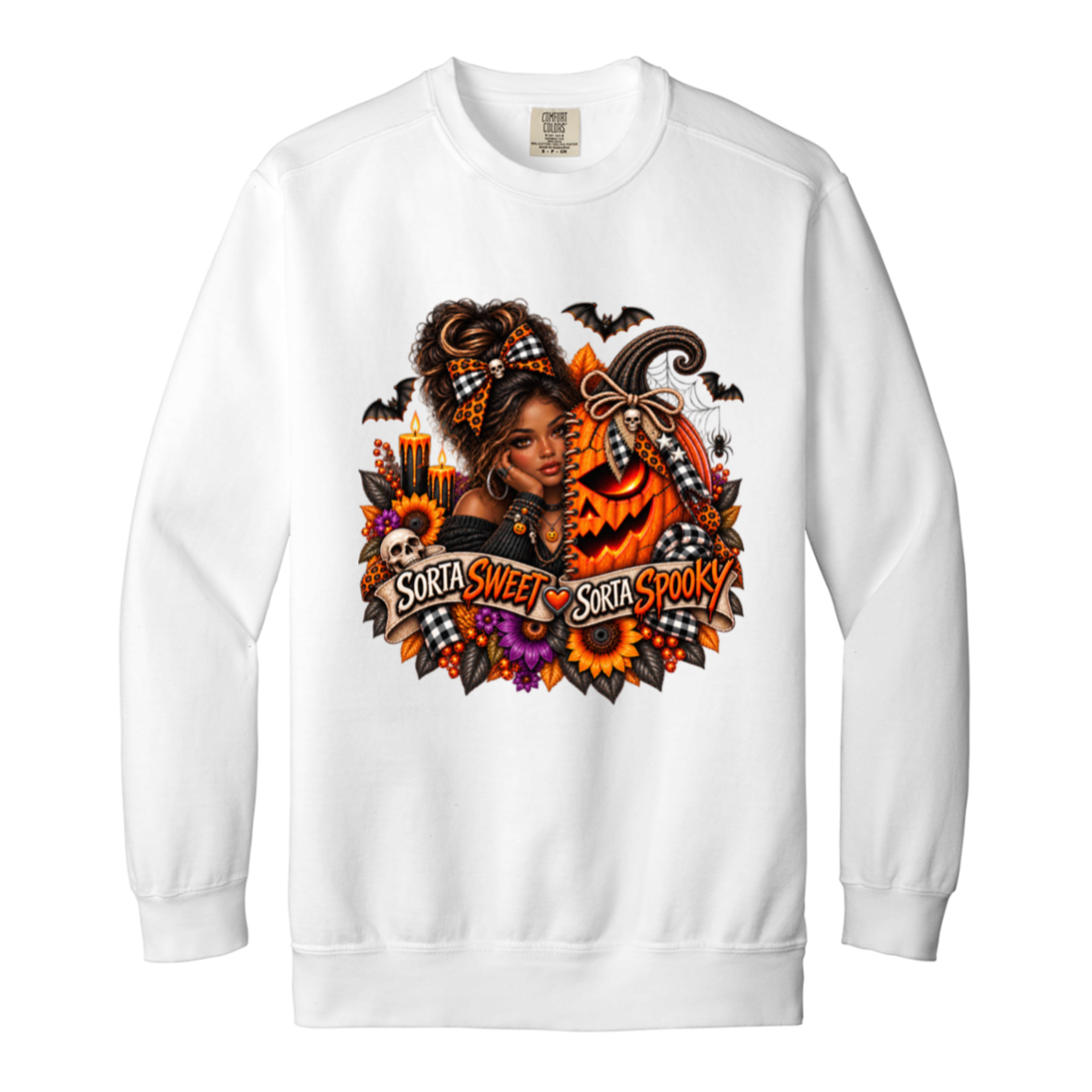 A White Sweatshirt featuring an African American woman in a glamorous Halloween scene surrounded by a decorated jack-o'-lantern, sunflowers, autumn flowers, candles, bats, skulls, and spiderwebs, with a decorative banner reading “Sorta Sweet Sorta Spooky” on a transparent background
