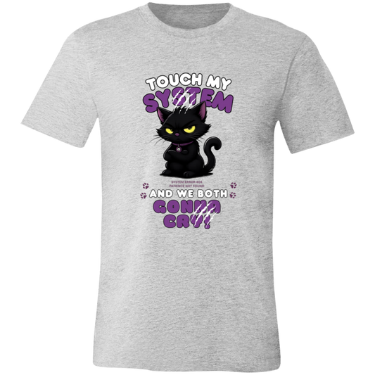 Athletic Heather t-shirt which graphic features an adorably furious black cat with glowing eyes and the message 'Touch My System And We Both Gonna Cry!', includes "System Error 404 and Patience Not Found' that's equal parts funny, relatable on a transparent background