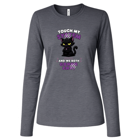 Women's Deep Heather long sleeve shirt which graphic features an adorably furious black cat with glowing eyes and the message 'Touch My System And We Both Gonna Cry!', includes "System Error 404 and Patience Not Found' that's equal parts funny, relatable on a transparent background