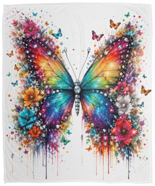 A cream-colored blanket featuring a vibrant, colorful butterfly design surrounded by watercolor-style flowers and paint drips, set against a transparent background