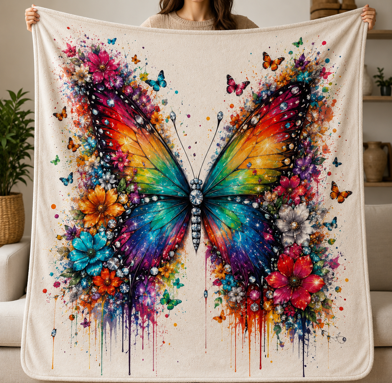 A person holds up a large cream-colored blanket featuring a vibrant, colorful butterfly design surrounded by watercolor-style flowers and paint drips, set against a cozy living room background.
