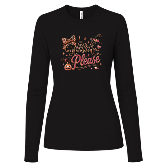 Black long sleeve Glam Halloween “Witch Please” graphic featuring black and pink decorative lettering with leopard-print accents, a black witch hat with a pink band, pink bow, bats, pumpkin, hearts, stars, and sparkling jewel-like details on a light background.