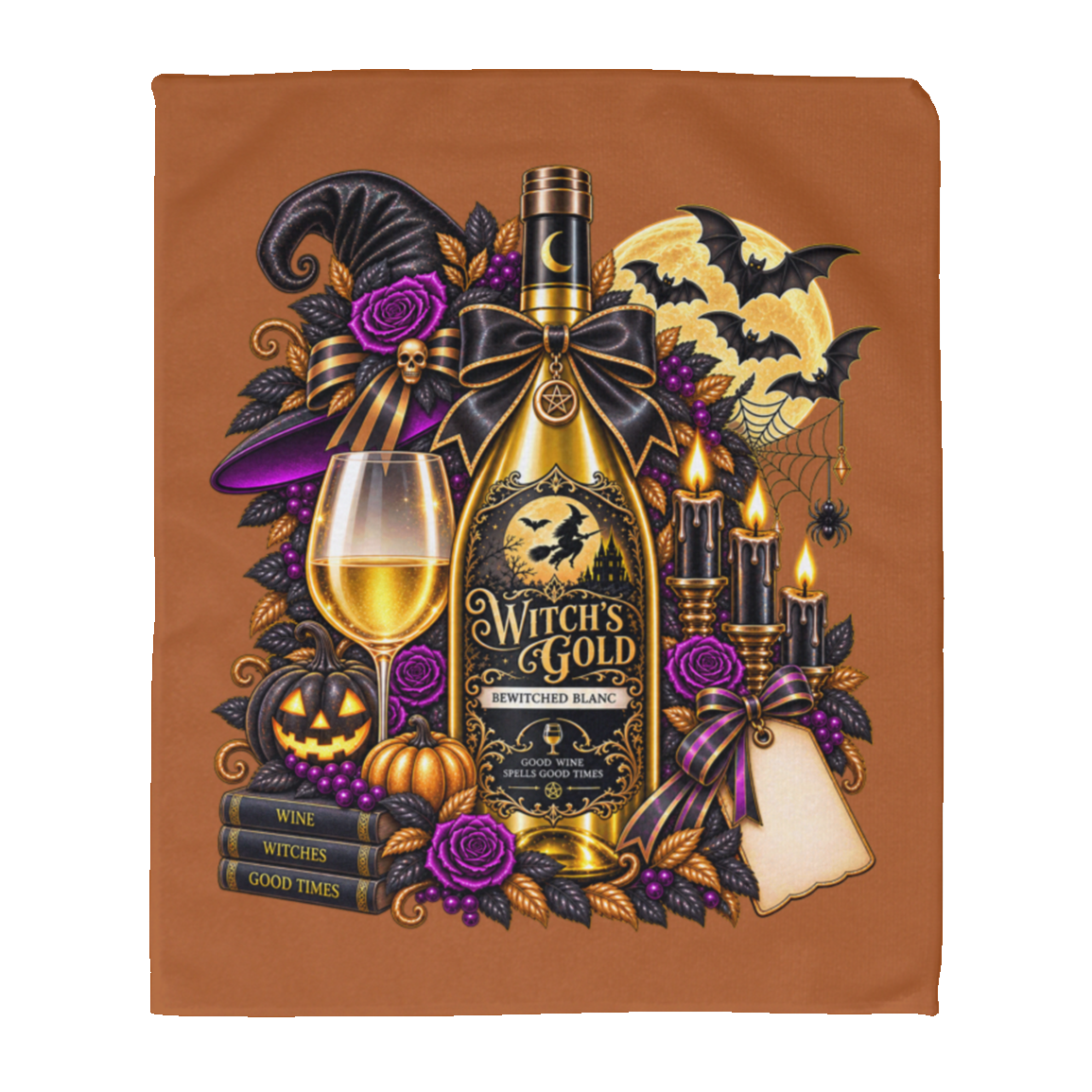 Burnt Orange rally towel with an elegant gothic Halloween design featuring an ornate golden bottle labeled “Witch's Gold,” surrounded by purple roses, black foliage, pumpkins, glowing candles, bats, spiderwebs, a witch hat, moon, and black-and-purple decorative ribbons on a transparent background