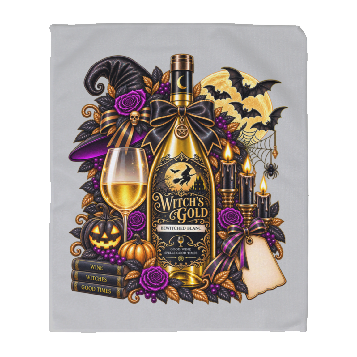 Silver rally towel with an elegant gothic Halloween design featuring an ornate golden bottle labeled “Witch's Gold,” surrounded by purple roses, black foliage, pumpkins, glowing candles, bats, spiderwebs, a witch hat, moon, and black-and-purple decorative ribbons on a transparent background