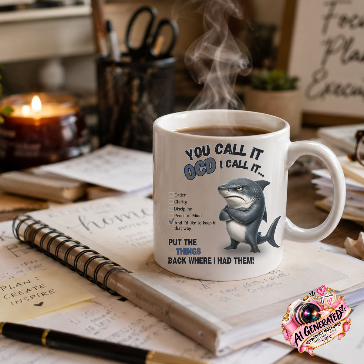 A white ceramic mug with a humorous OCD-themed graphic sits on a desk surrounded by notebooks, a candle, and office supplies. The mug features a cartoon shark and the text 'YOU CALL IT OCD I CALL IT.