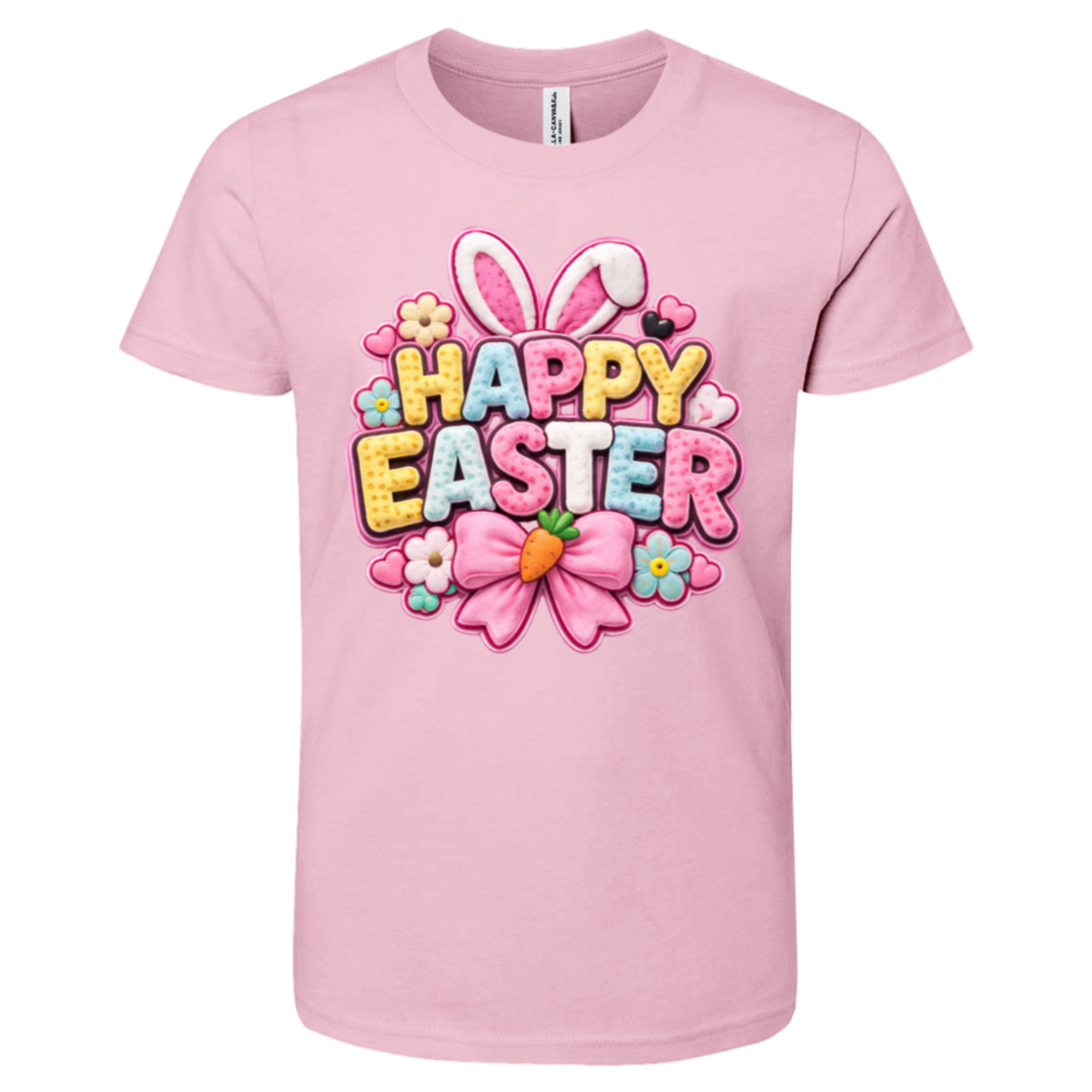 Pink Pastel Happy Easter t-shirt with letters in yellow, pink, blue, and white with bunny ears and a pink bow on a transparent background