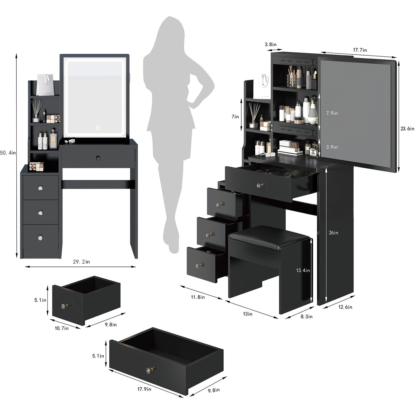 Small Space Vanity Table + Cushioned Stool