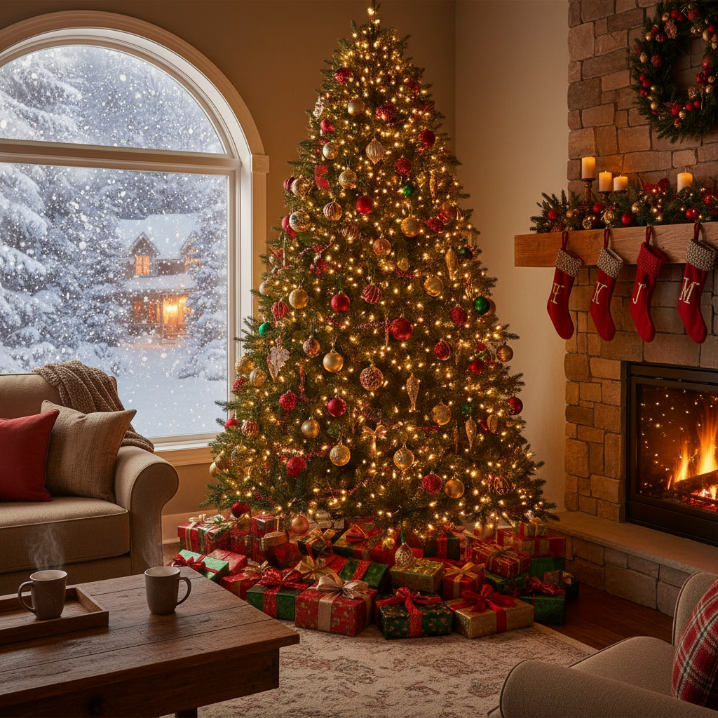 Christmas setting with a tree in the corner next to a window with a snow scene of a living room next to a fireplace with stocking hanging from it and the mantle decorated.