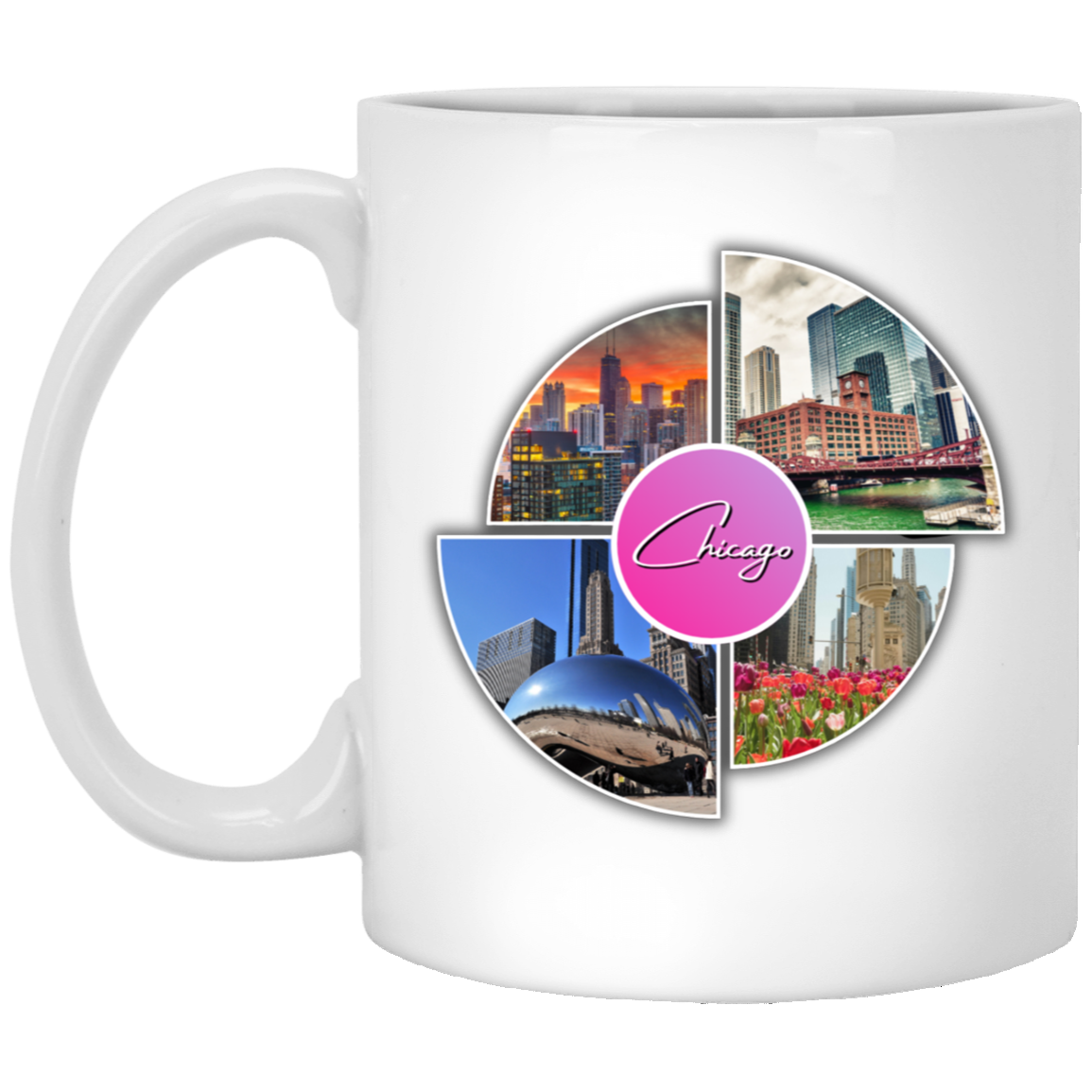 White mug with a colorful graphic design that says Chicago in the middle and has 4 photo of different locations around the City of Chicago The Bean (Sky Cloud), Downtown skyline with the Sears Tower (Willis Tower), Chicago River with the old City Courthouse (Reid Murdoch Building), Water Tower Building with Tulips pictured in front of it on a grey and black checkerboard background