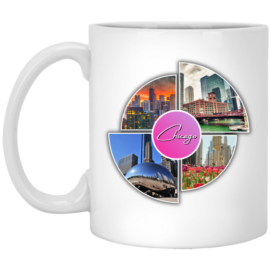 White mug with a colorful graphic design that says Chicago in the middle and has 4 photo of different locations around the City of Chicago The Bean (Sky Cloud), Downtown skyline with the Sears Tower (Willis Tower), Chicago River with the old City Courthouse (Reid Murdoch Building), Water Tower Building with Tulips pictured in front of it on a grey and black checkerboard background