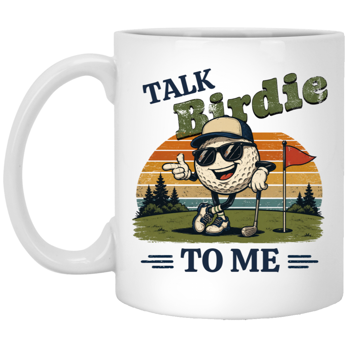 11 oz white mug on a transparent background featuring a cool cartoon golf ball rocking sunglasses on the green  leaning on a golf club and next to a putting hole with a flag inside of the hole with  a retro sunset background
