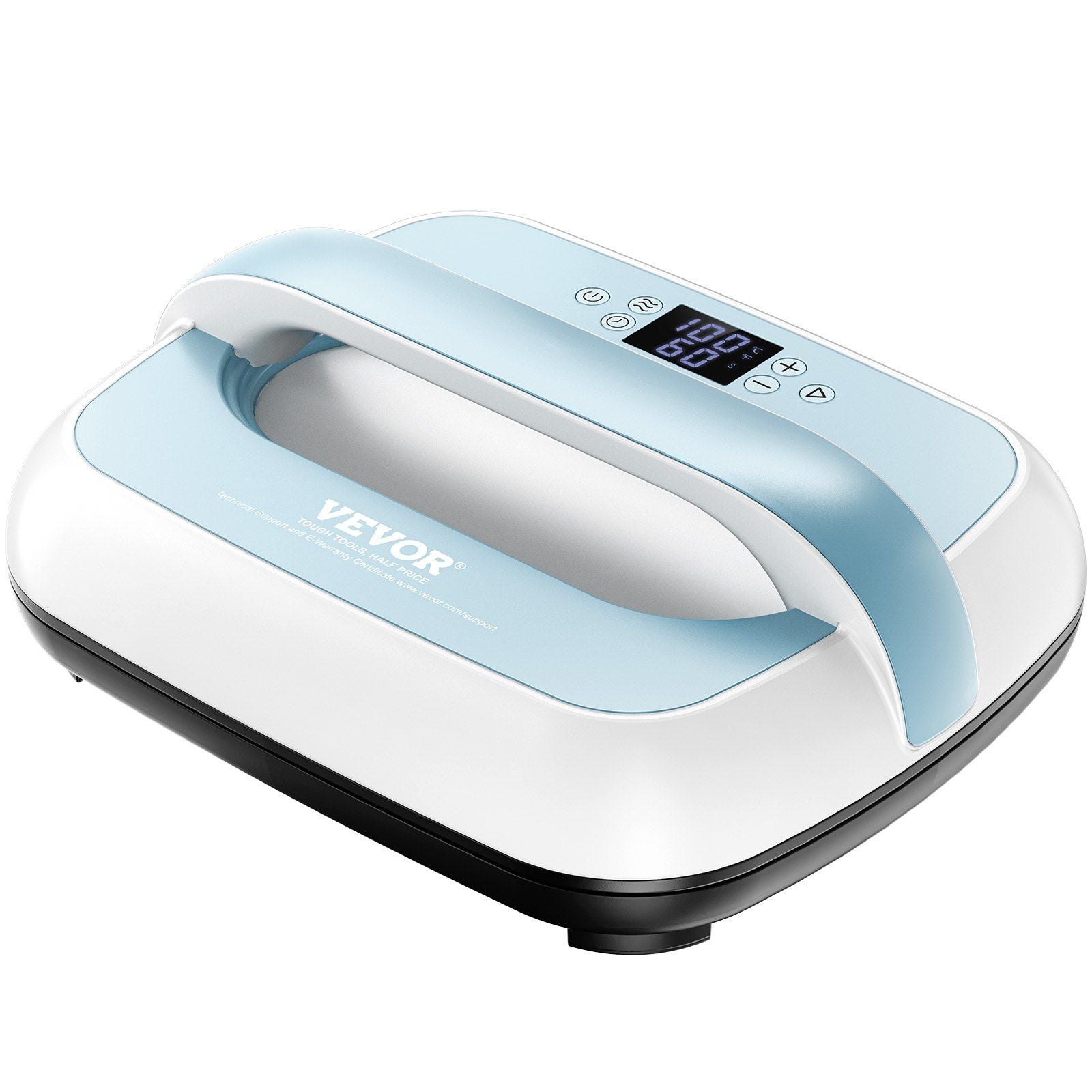A compact VEVOR Portable Heat Press Machine in white and blue colors with a digital display and an ergonomic handle.