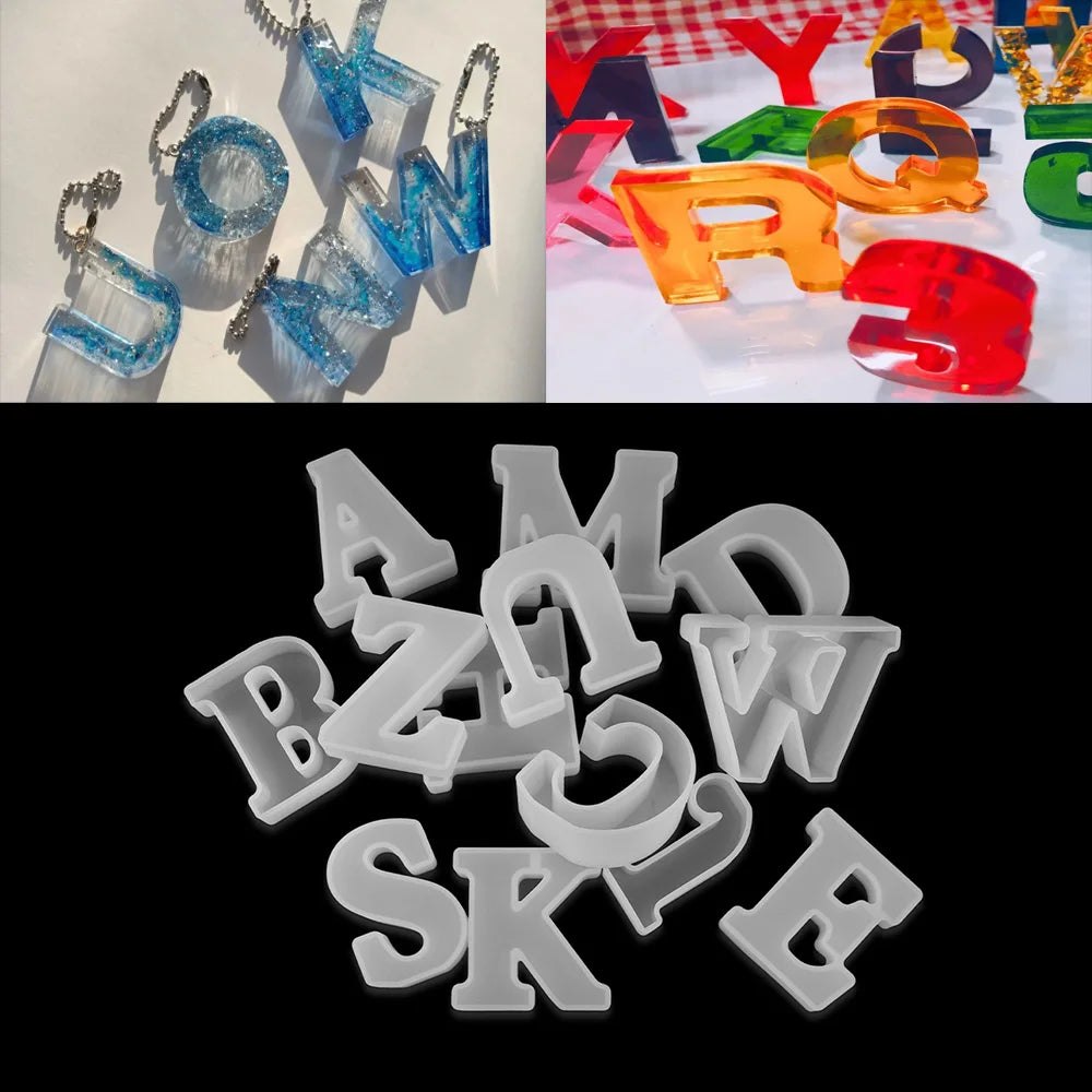 Collage of letter-shaped chain link, one with resin capital letters and numbers, one with white capital letter molds