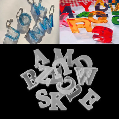 Collage of letter-shaped chain link, one with resin capital letters and numbers, one with white capital letter molds