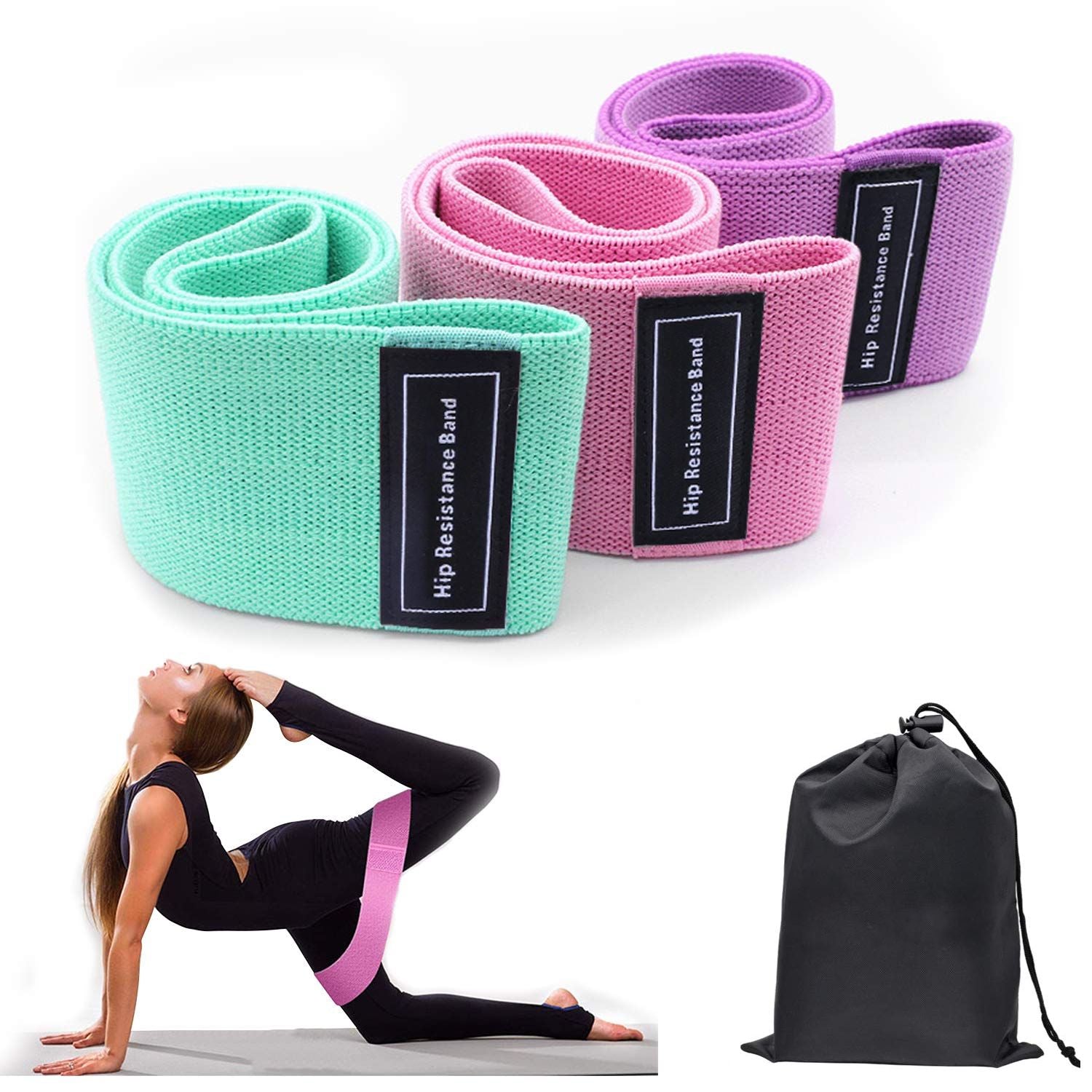 Three colorful fabric resistance loop bands displayed with resistance levels, dimensions, and recommended fitness levels for beginner to advanced workouts with a woman in a yoga pose with a pink band around her legs and a black bag which would hold the bands set on a white background
