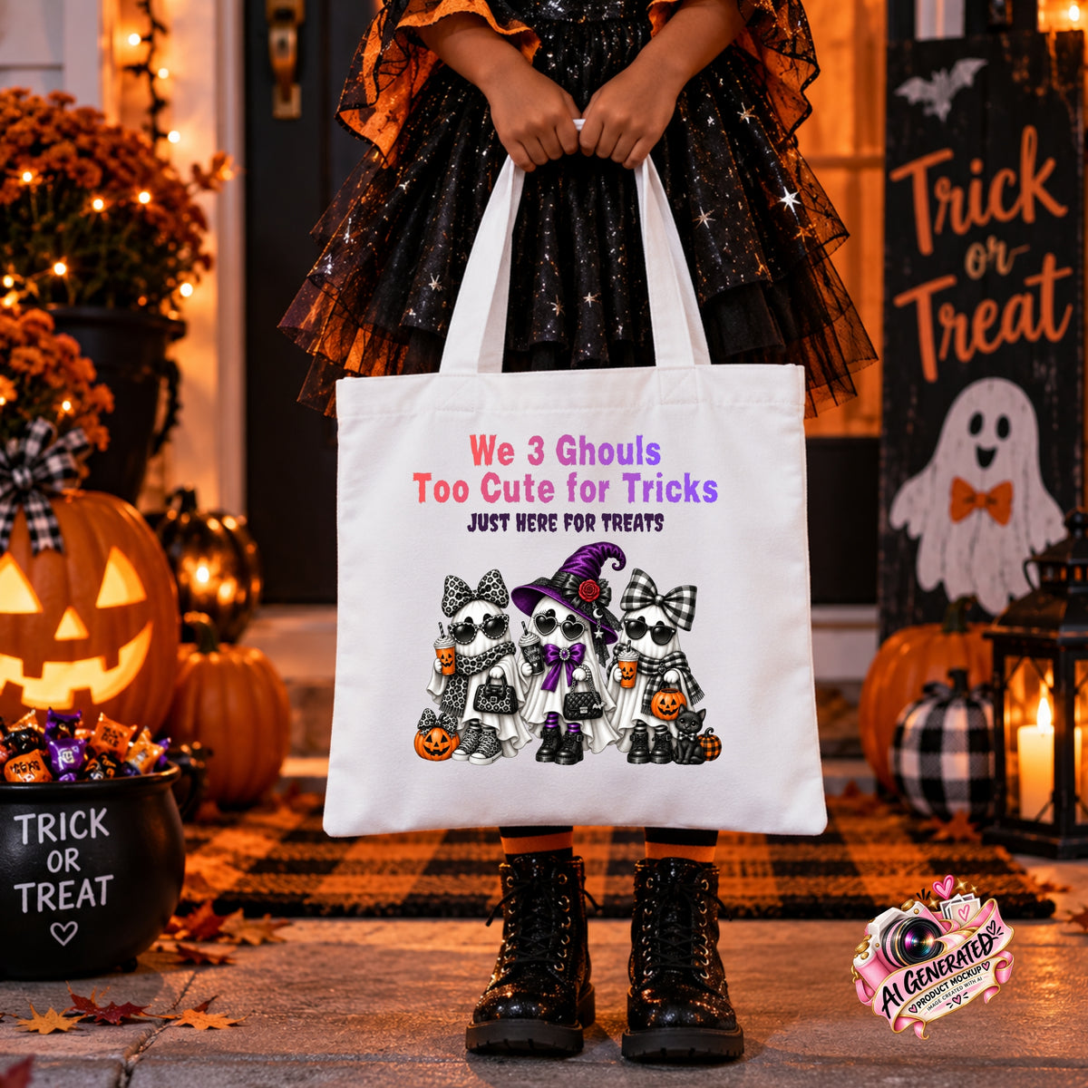 A person wearing a black and orange Halloween dress holds a white canvas tote bag with a cute ghost graphic and the text 'We 3 Ghouls Too Cute for Tricks JUST HERE FOR TREATS'. The scene is set in a decorated Halloween yard with pumpkins, a jack-o'-lantern, and a 'Trick or Treat' sign.