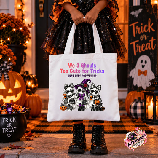 A person wearing a black and orange Halloween dress holds a white canvas tote bag with a cute ghost graphic and the text 'We 3 Ghouls Too Cute for Tricks JUST HERE FOR TREATS'. The scene is set in a decorated Halloween yard with pumpkins, a jack-o'-lantern, and a 'Trick or Treat' sign.