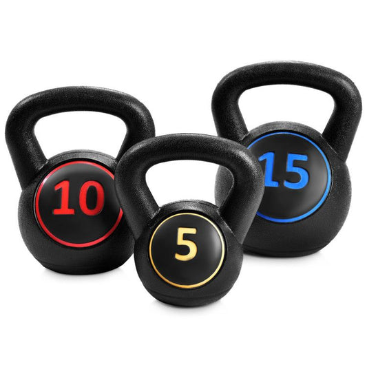 Image of 5 lb, 10 lb and 15 lb kettlebell on a white background