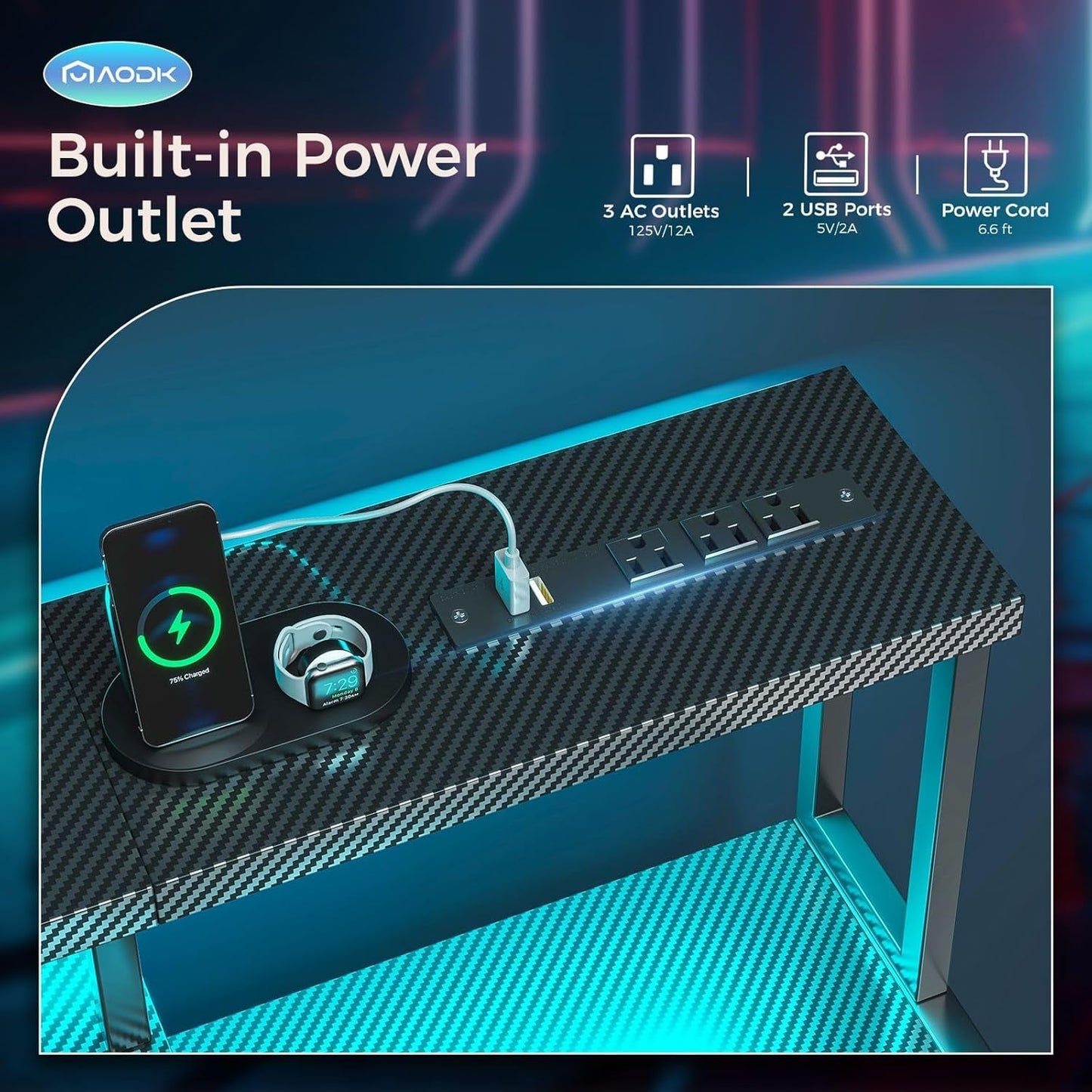 48 Inch Gaming Desk with Led Lights & Power Outlet