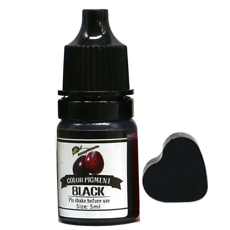 Black color pigment bottle with a heart-shaped applicator on a white background
