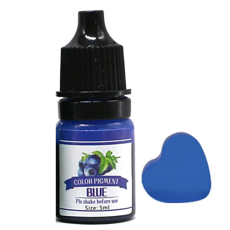 Blue color pigment bottle with a heart-shaped sample on a white background