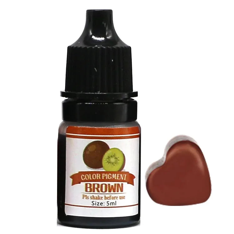Brown color pigment bottle with a sample swatch on a white background