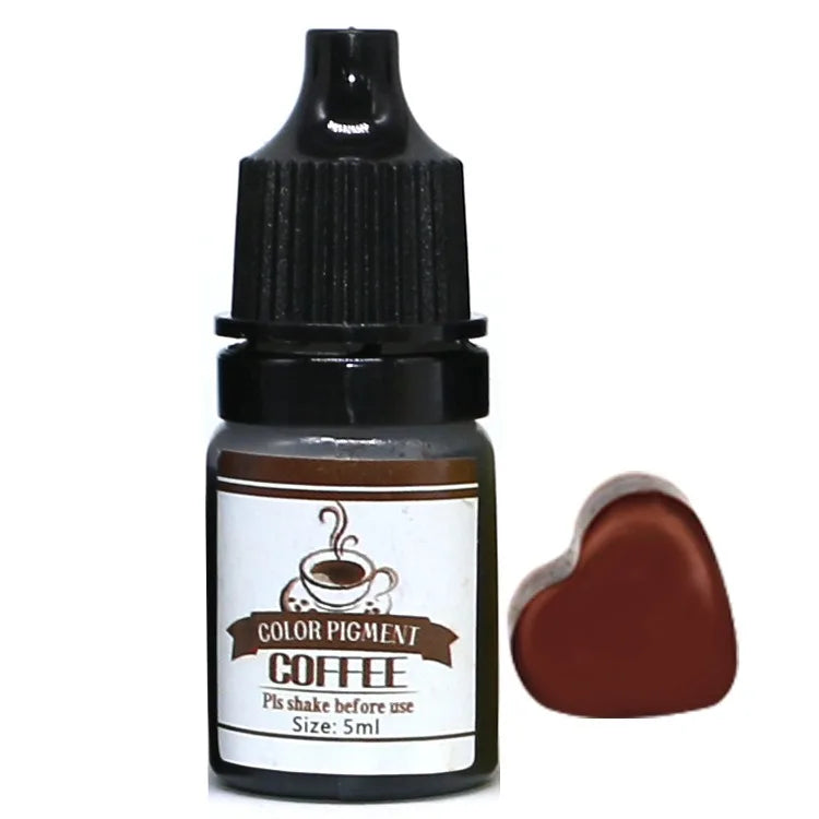 Bottle of coffee color pigment with a sample swatch on a white background