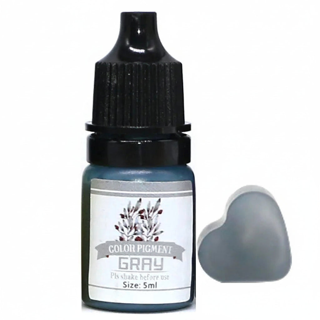 Bottle of gray color pigment with a swatch on a white background
