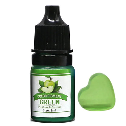 Bottle of green color pigment with a sample application on a white background