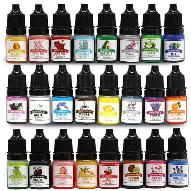 Assorted Resin coloring bottles with a view of different colors labeled on a white background
