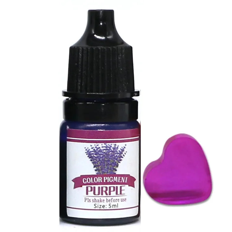 Bottle of purple color pigment with a heart-shaped sample on a white background