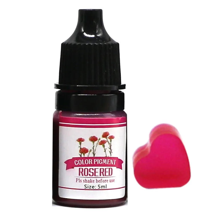 Bottle of color pigment labeled 'Rosered' with a small sample on a white background