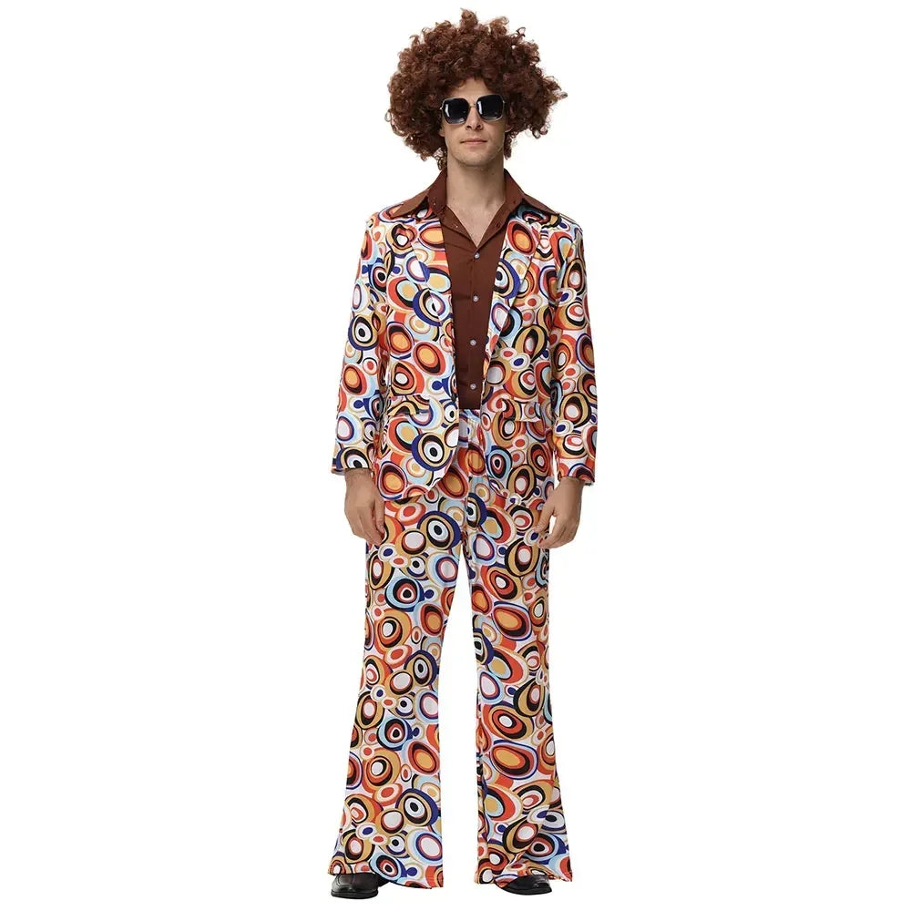 Man wearing a colorful 1970s-themed suit and wig with a white background