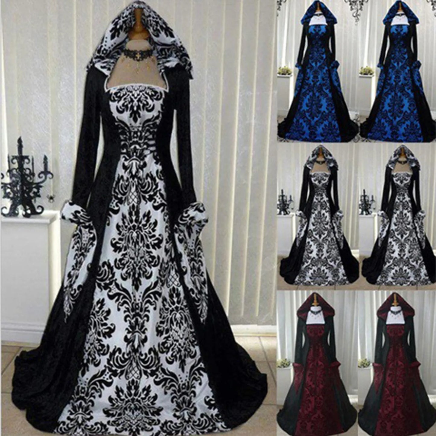 Gothic-style dress with black and white, black and blue, black and red floral pattern on a mannequin against a white curtain background.