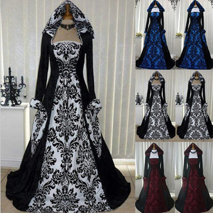 Gothic-style dress with black and white, black and blue, black and red floral pattern on a mannequin against a white curtain background.
