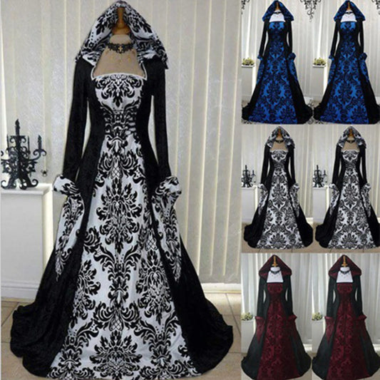 Gothic-style dress with black and white, black and blue, black and red floral pattern on a mannequin against a white curtain background.