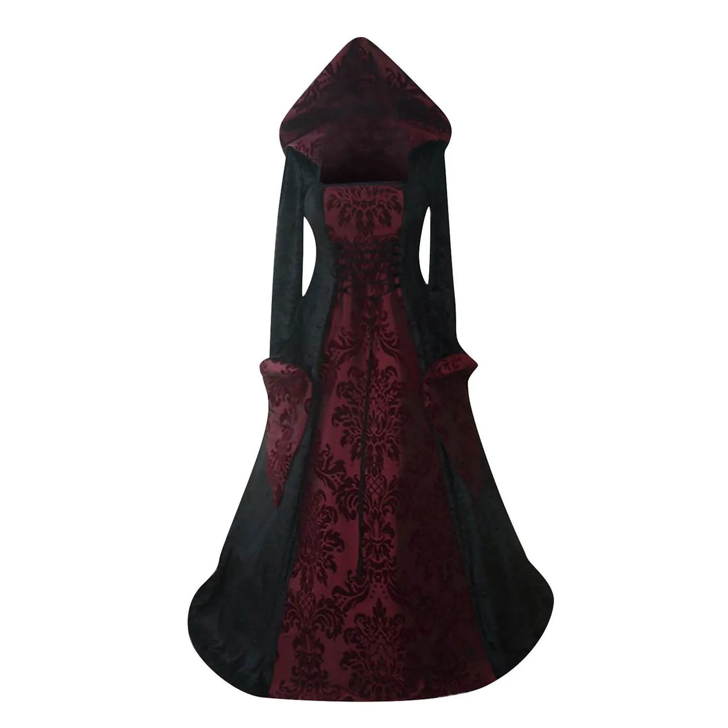 Gothic-style dress with black and red floral pattern on a white background