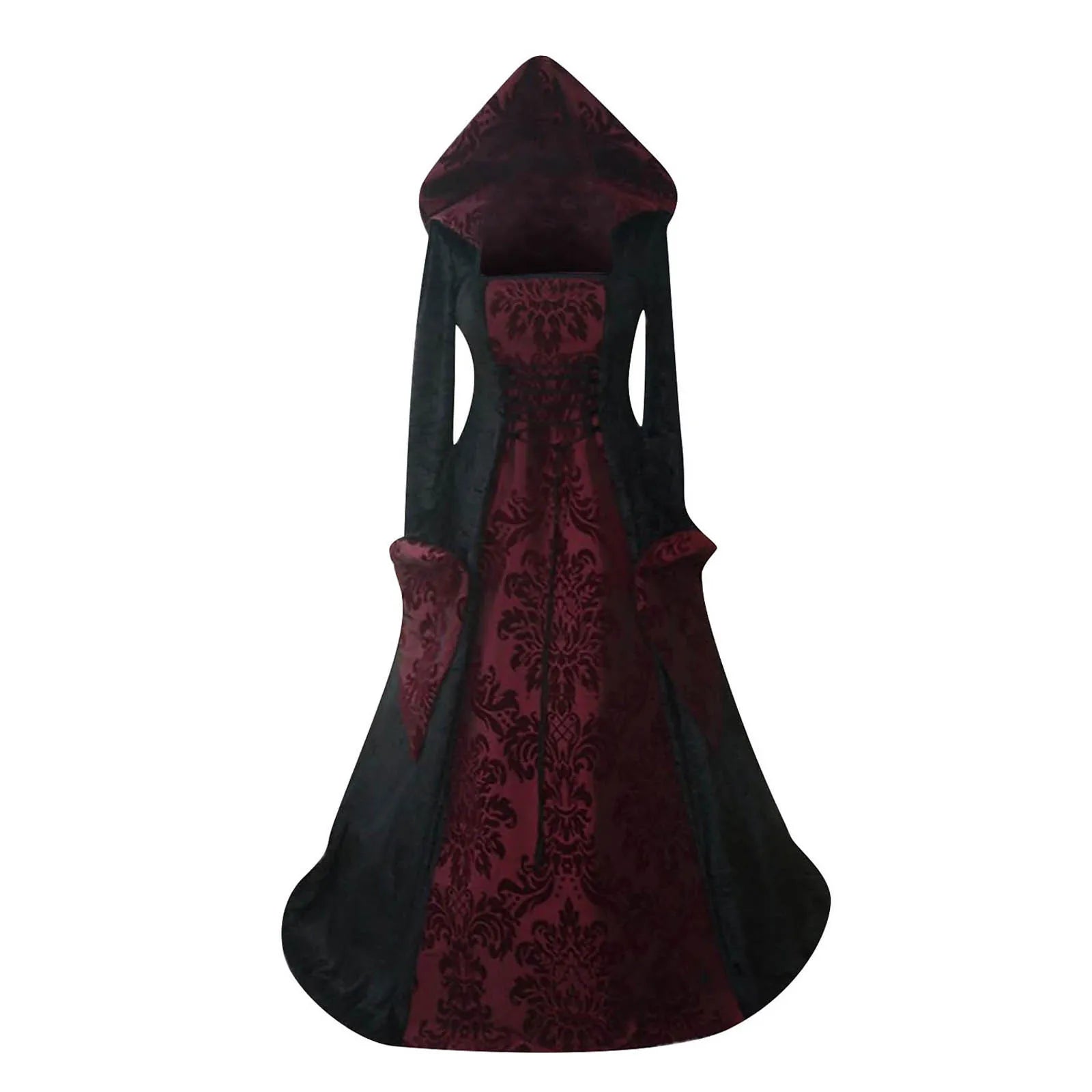 Gothic-style dress with black and red floral pattern on a white background