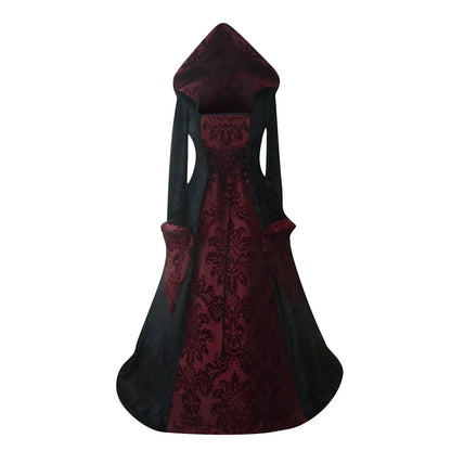 Gothic-style dress with black and red floral pattern on a white background