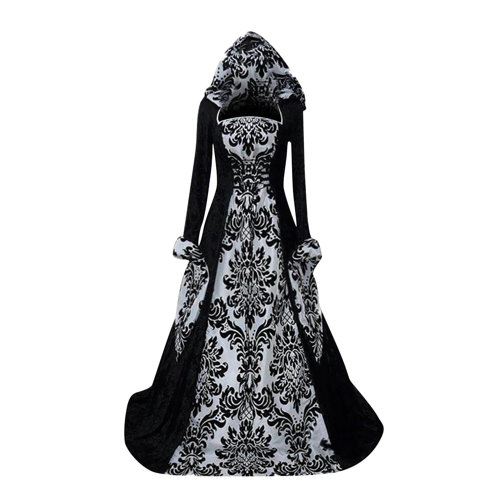 Gothic-style dress with black and white floral pattern on a white background
