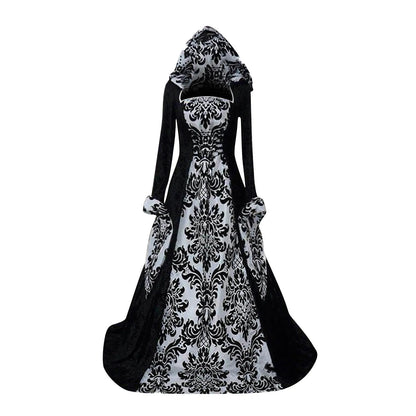 Gothic-style dress with black and white floral pattern on a white background