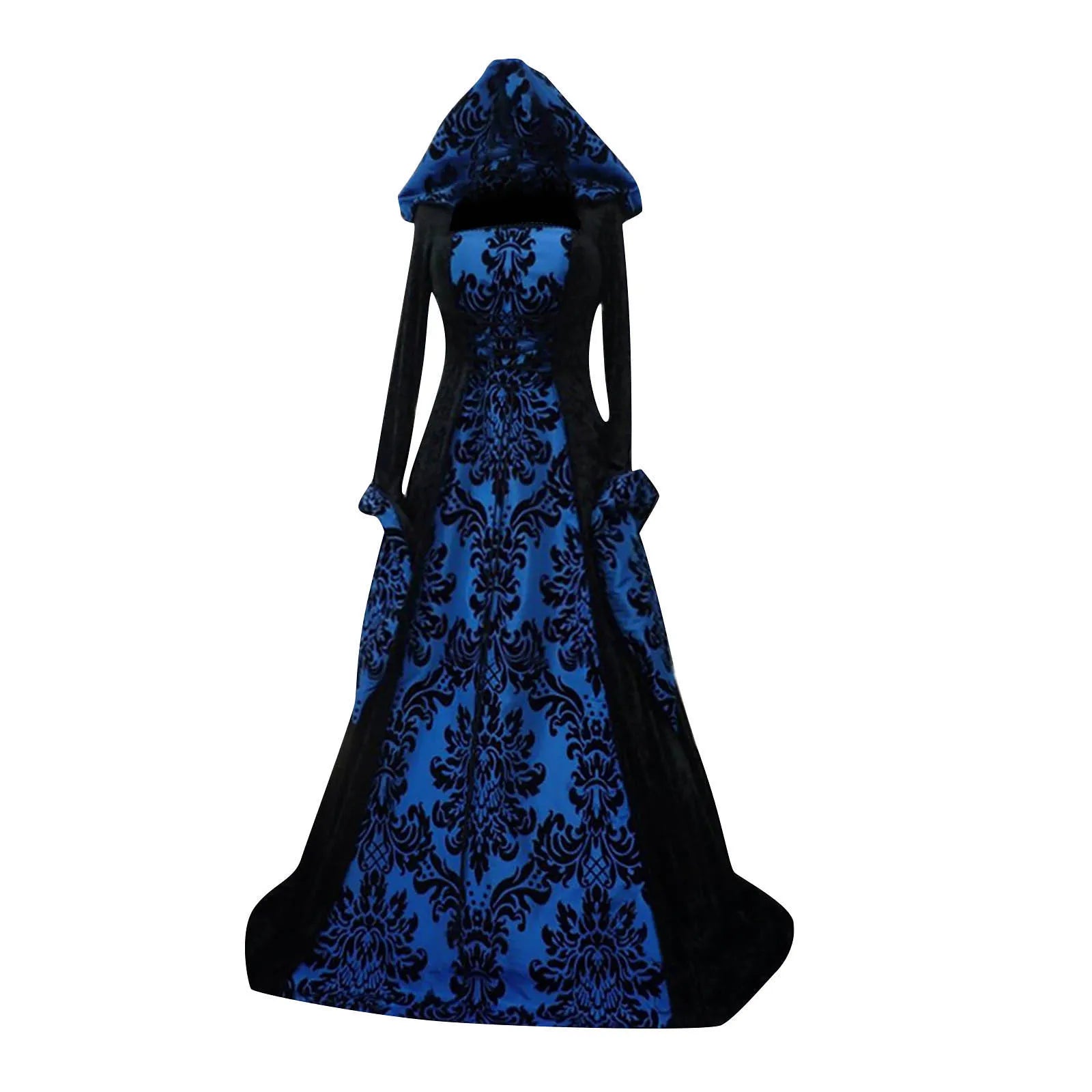Gothic-style dress with black and blue floral pattern on a white background