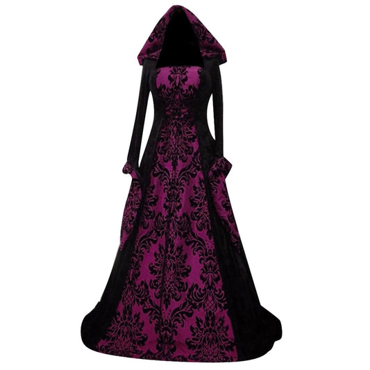 Gothic-style dress with black and purple floral pattern on a white background