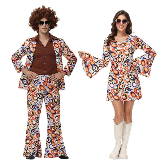Man and Woman wearing colorful 1970s-themed outfits on a white background