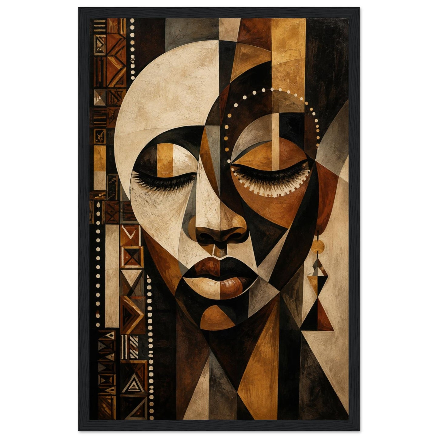 A framed abstract geometric art print depicting a stylized woman's face in warm earth tones of brown, beige, black, and tan, shown against a plain white background.