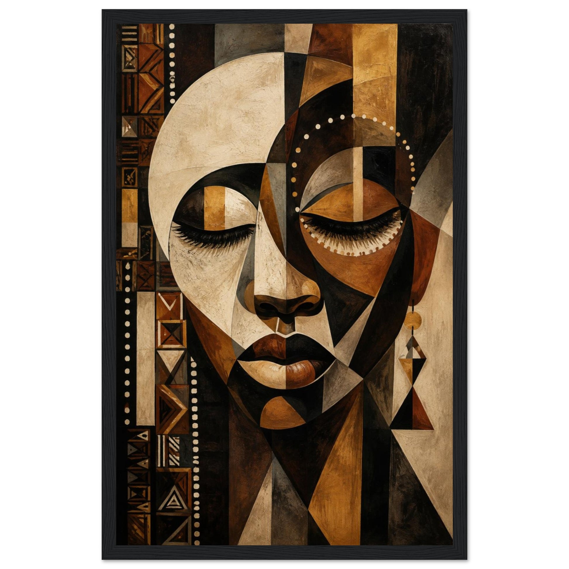 A framed abstract geometric art print depicting a stylized woman's face in warm earth tones of brown, beige, black, and tan, shown against a plain white background.