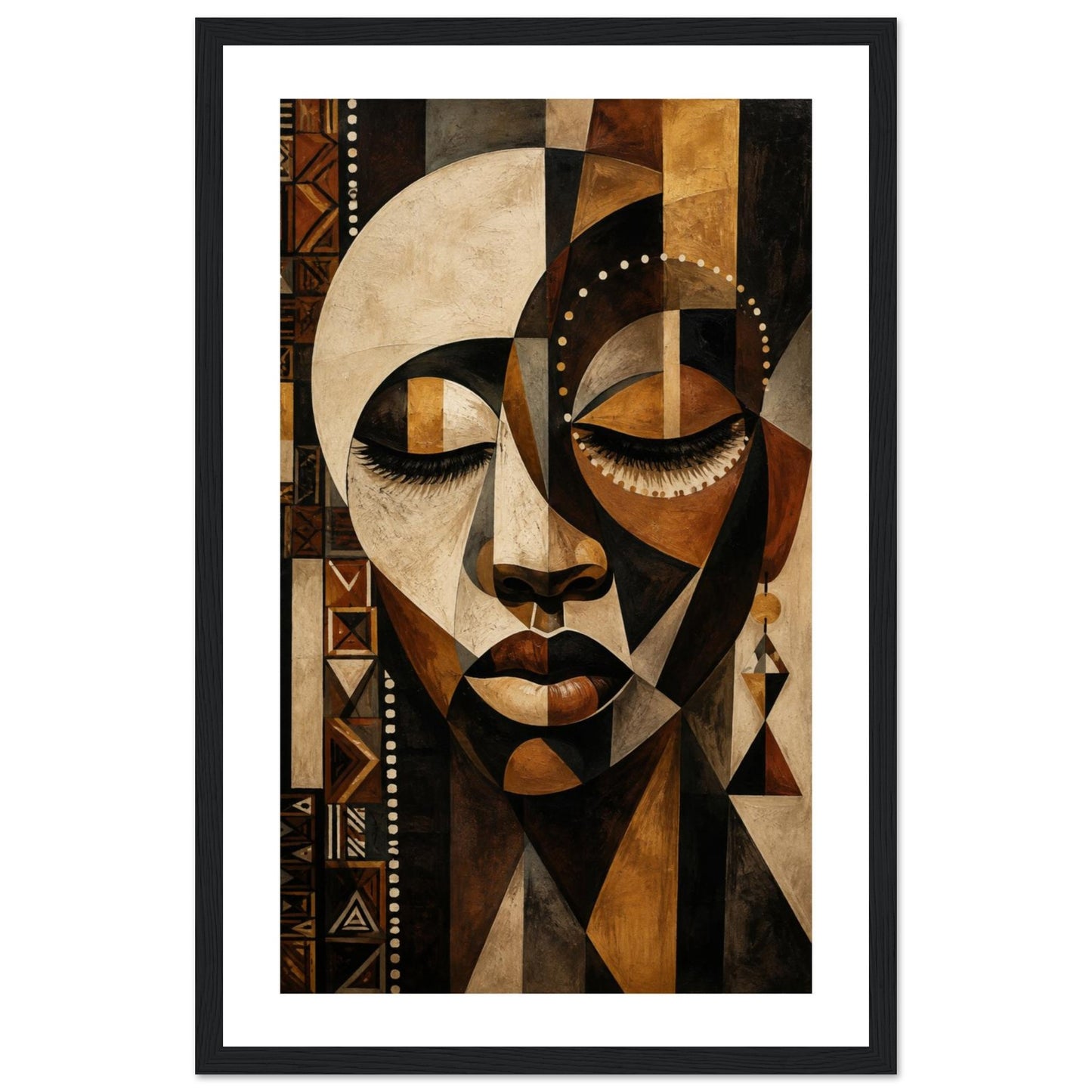 Framed wall art featuring a geometric, cubist-style portrait of a woman in warm earth tones, shown with a white mat and black frame on a light gray background.