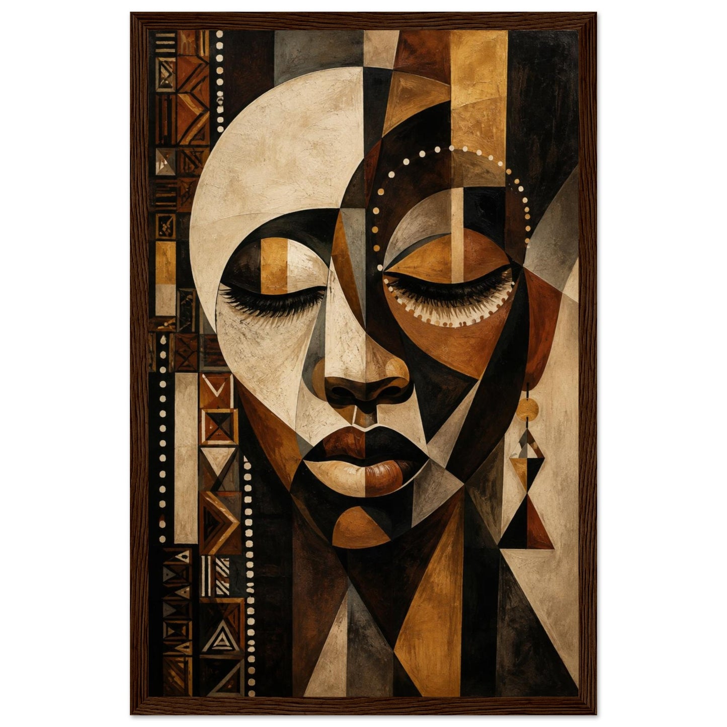 A framed geometric art print depicting a stylized female face in an abstract cubist design, featuring shades of brown, beige, black, and white, enclosed in a dark wood frame.