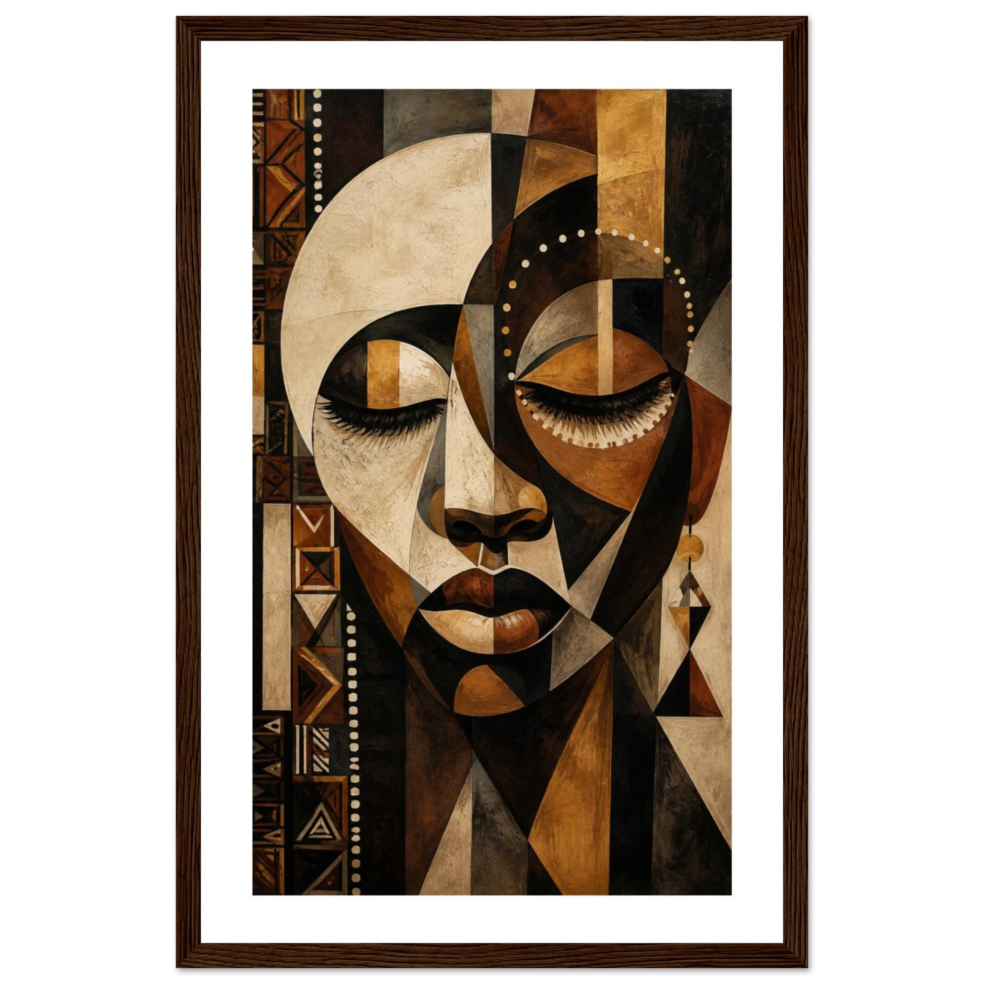 Framed wall art featuring a geometric, cubist-style portrait of a woman in warm brown, beige, black, and tan tones, shown with a white mat and dark wood frame on a light gray background.